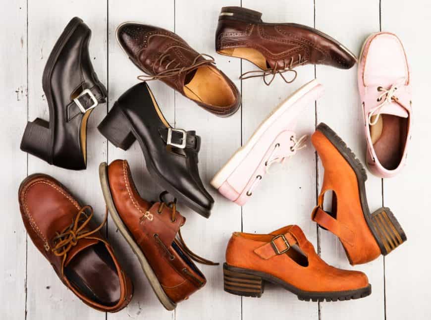 A mix of diverse shoes showcasing footwear